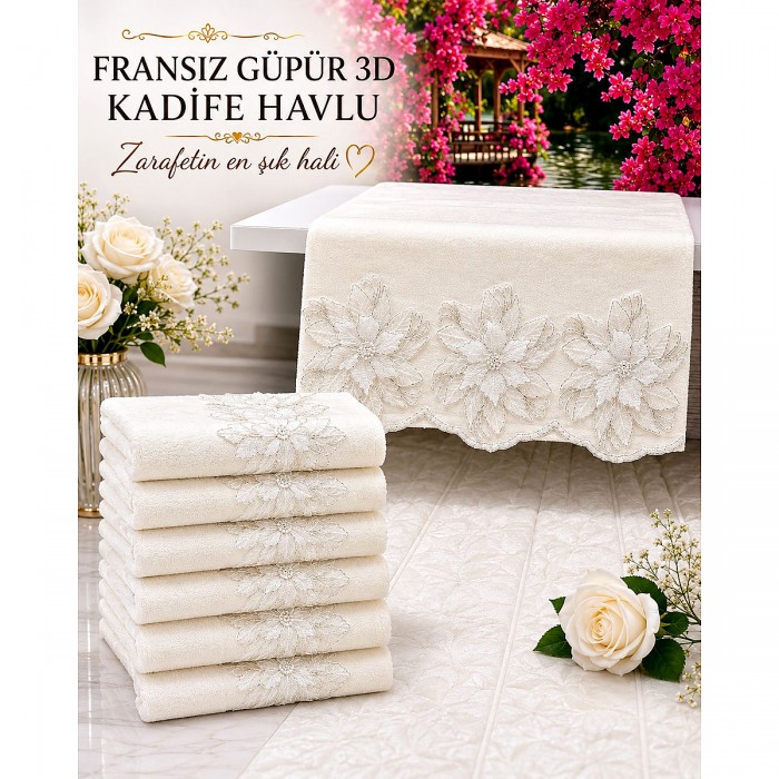 Fransız Güpür 3D Kadife Havlu 12'li Paket