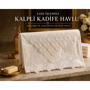 Lase İşlemeli Kalpli Kadife Havlu 12'li Paket