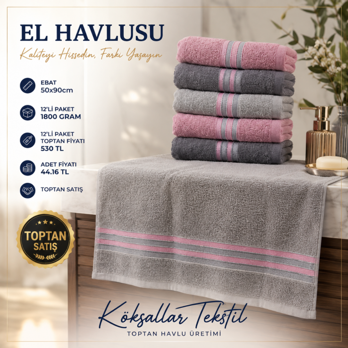 Çizgili Toptan El Havlusu 50x90 cm 12’li Paket