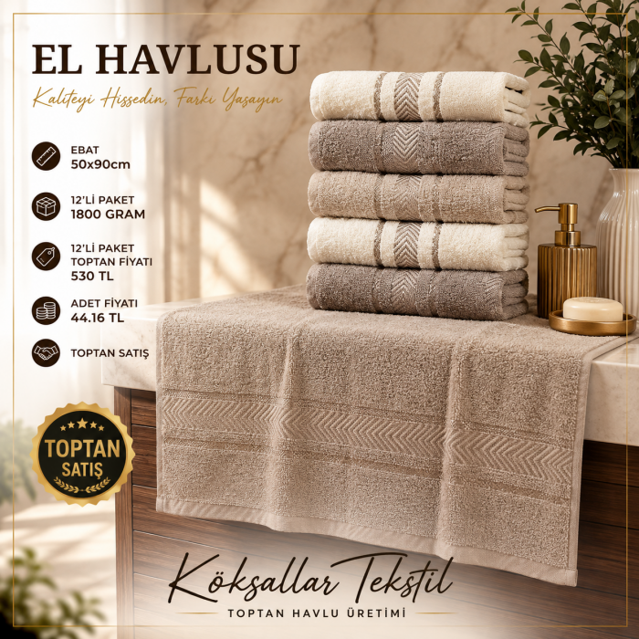 Ekonomik Kaliteli Toptan El Havlusu 50x90 cm 12’li Paket