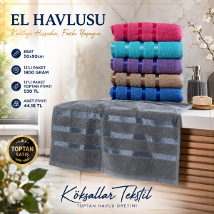 Floşlu Çizgili Toptan El Havlusu 50x90 cm 12’li Paket