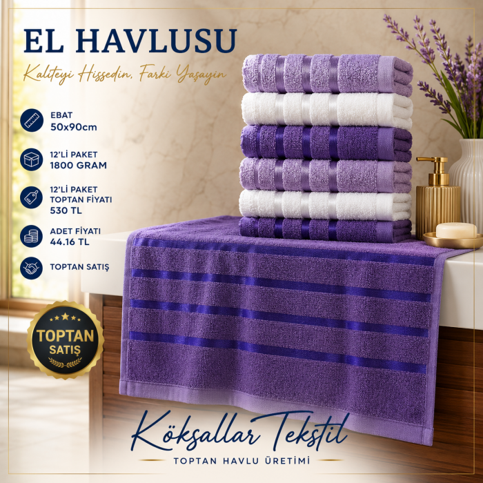 Pamuklu Şeritli Toptan El Havlusu 50x90 cm 12’li Paket