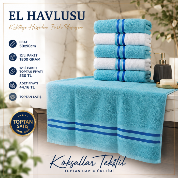 Turkuaz Toptan El Havlusu 50x90 cm 12’li Paket