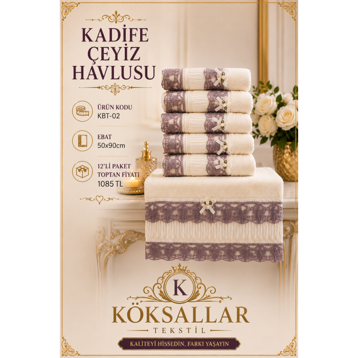 KBT-02 Kadife Çeyiz Havlusu 50x90 12'li Paket