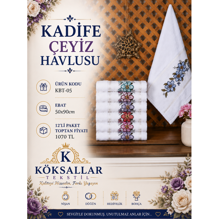 KBT-05 Kadife Çeyiz Havlusu 50x90 12'li Paket