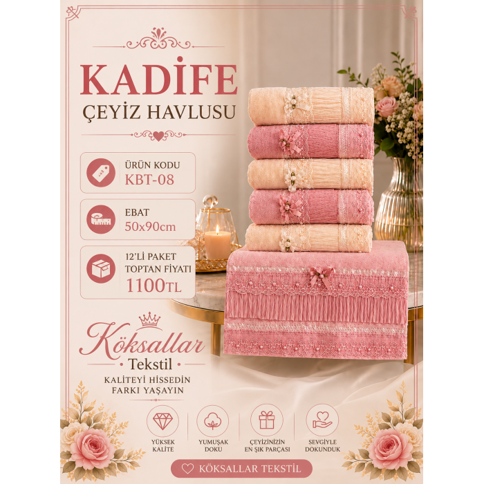 KBT-08 Kadife Çeyiz Havlusu 50x90 12'li Paket