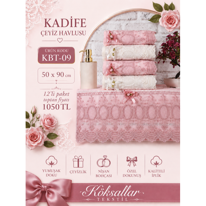 KBT-09 Kadife Çeyiz Havlusu 50x90 12'li Paket