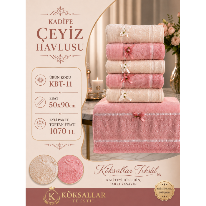 KBT-11 Kadife Çeyiz Havlusu 50x90 12'li Paket