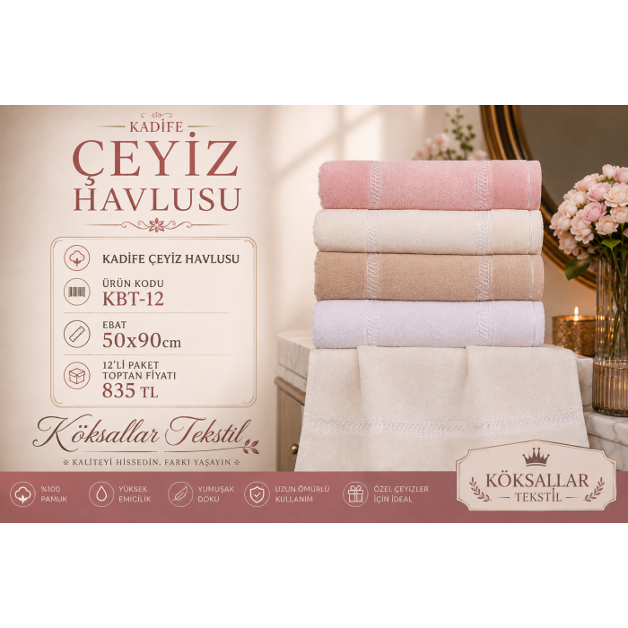 KBT-12 Kadife Çeyiz Havlusu 50x90 12'li Paket
