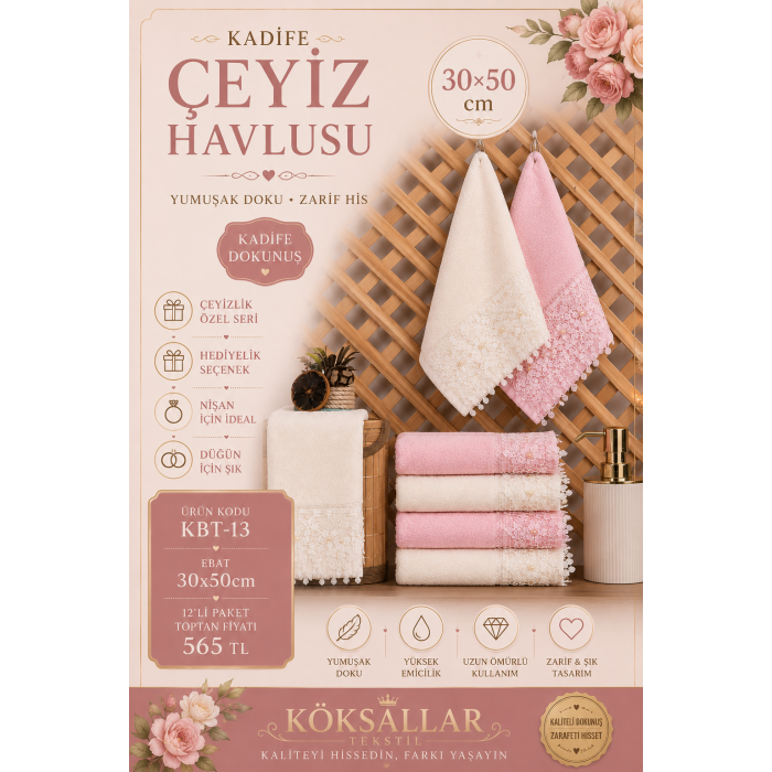 KBT-13 Kadife Çeyiz Havlusu 30x50 12'li Paket