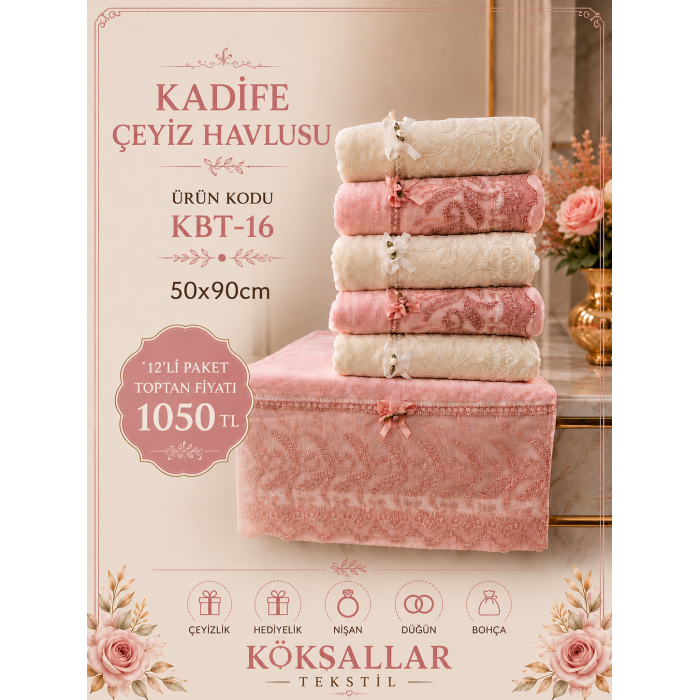 KBT-16 Kadife Çeyiz Havlusu 50x90 12'li Paket