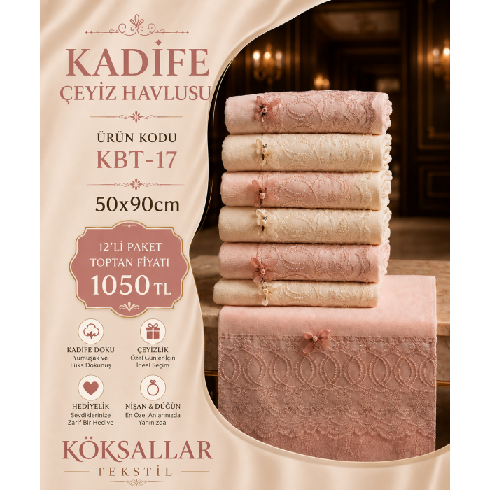 KBT-17 Kadife Çeyiz Havlusu 50x90 12'li Paket
