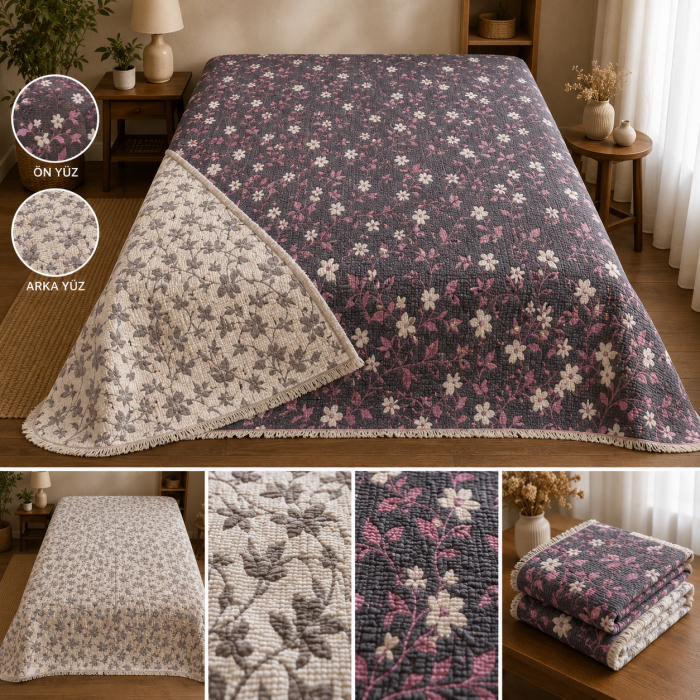 Pembe Çiçekli Çift Yüzlü Müslin Yatak Örtüsü Toptan 250x280 cm