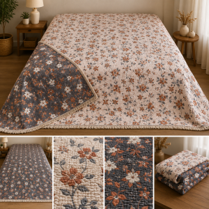 Kiremit Çiçekli Çift Yüzlü Müslin Yatak Örtüsü Toptan 250x280 cm