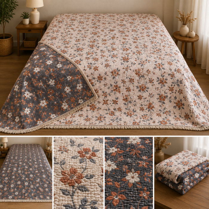 Kiremit Çiçekli Çift Yüzlü Müslin Yatak Örtüsü Toptan 250x280 cm
