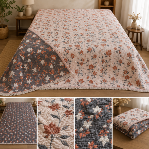 Somon Çiçekli Çift Yüzlü Müslin Yatak Örtüsü Toptan 250x280 cm