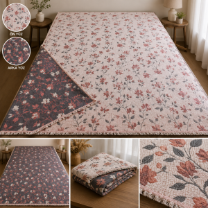 Pudra Çiçekli Çift Yüzlü Müslin Yatak Örtüsü Toptan 250x280 cm
