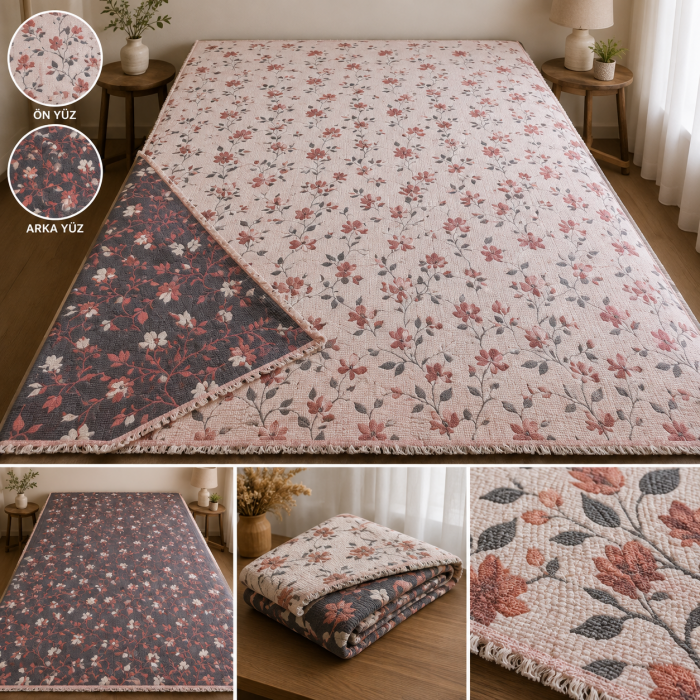 Pudra Çiçekli Çift Yüzlü Müslin Yatak Örtüsü Toptan 250x280 cm