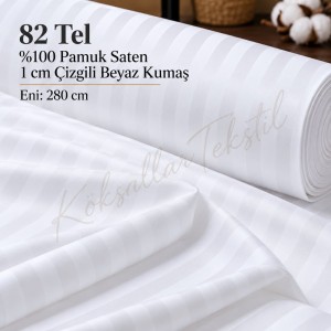 82 Tel %100 Pamuk Saten 1 cm Çizgili Beyaz Kumaş – Eni 280 cm