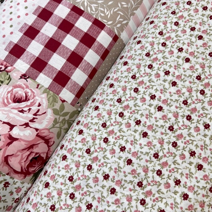 Bordo Pembe Minik Çiçekli 57 Tel Ranforce Kumaş – 240 cm