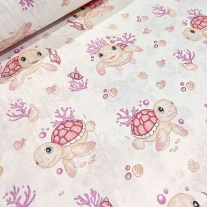 Pembe Deniz Kaplumbağası Desenli 57 Tel Ranforce Kumaş – 240 cm