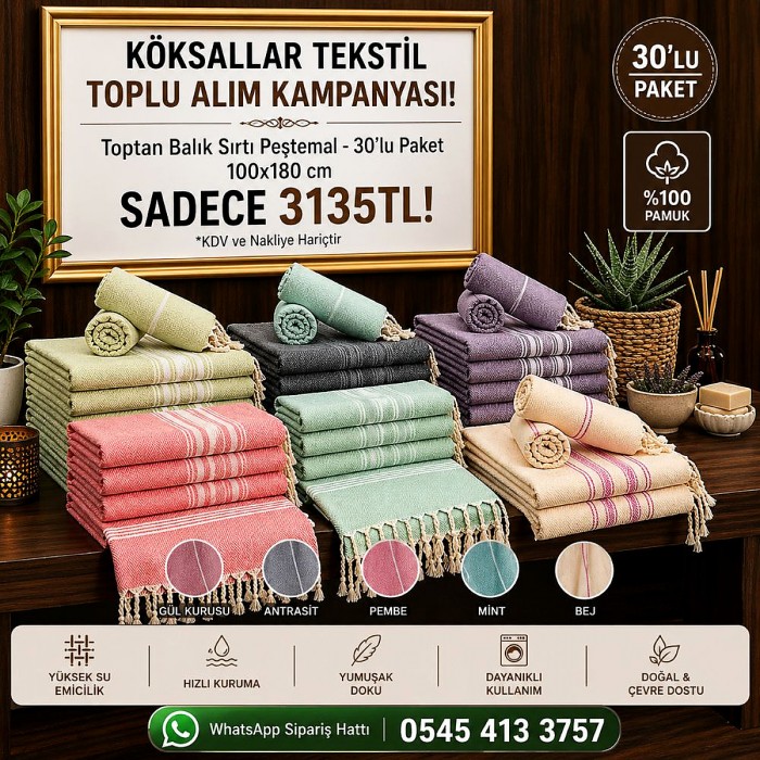 Toptan Balık Sırtı Peştemal 100x180 cm 30'lu Paket