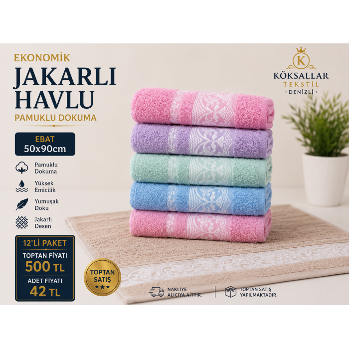Ekonomik Jakarlı Havlu 12'li Paket 50x90