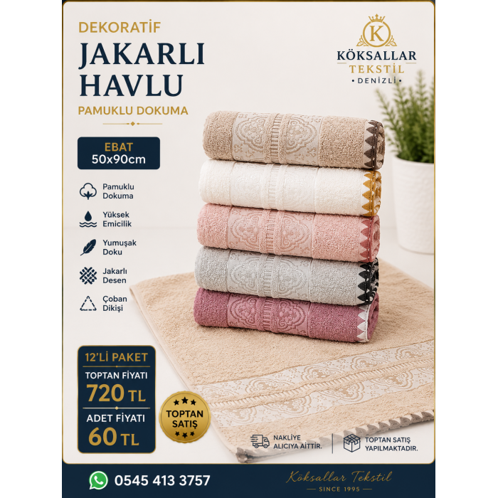 Dekoratif Jakarlı Havlu Çoban Dikişli 12'li Paket 50x90