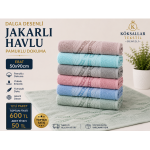 Dalga Desenli Jakarlı Havlu 12'li Paket 50x90