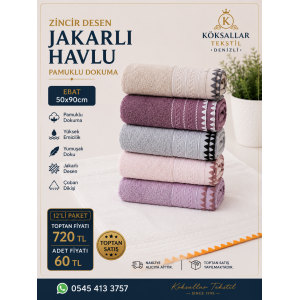 Zincir Desen Jakarlı Havlu Çoban Dikişli 12'li Paket 50x90