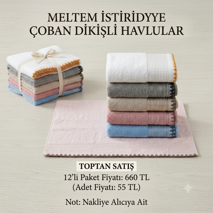 Meltem İstiridye Çoban Dikişli Havlular 12'li Paket 50x90