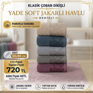 Yade Soft Jakarlı Havlu Klasik Çoban Dikişli 12'li Paket 50x90