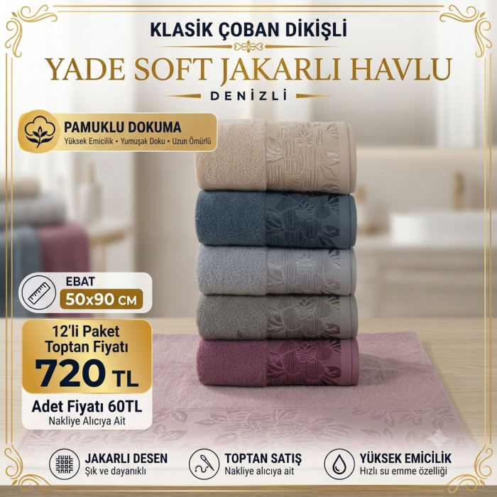 Yade Soft Jakarlı Havlu Klasik Çoban Dikişli 12'li Paket 50x90