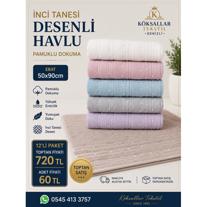 İnci Tanesi Desenli Havlu 12'li Paket 50x90