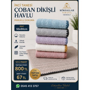 İnci Tanesi Çoban Dikişli Havlu 12'li Paket 50x90