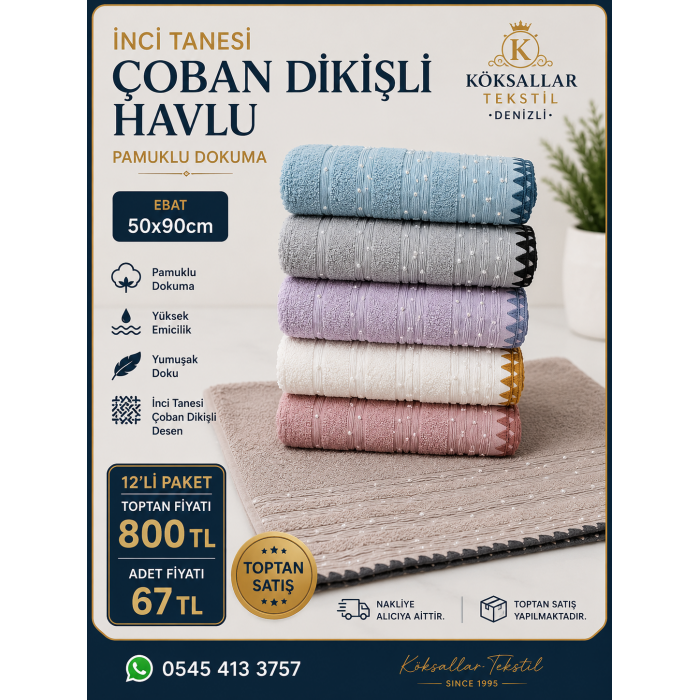 İnci Tanesi Çoban Dikişli Havlu 12'li Paket 50x90