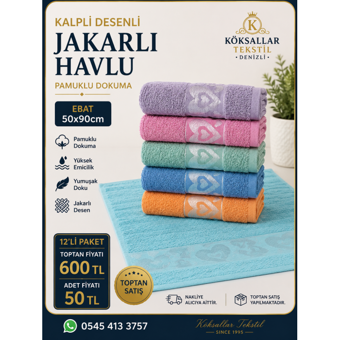 Kalpli Desenli Jakarlı Havlu 12'li Paket 50x90