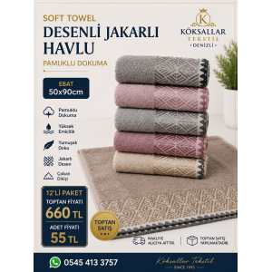 Soft Towel Desenli Jakarlı Havlu Çoban Dikişli 12'li Paket 50x90