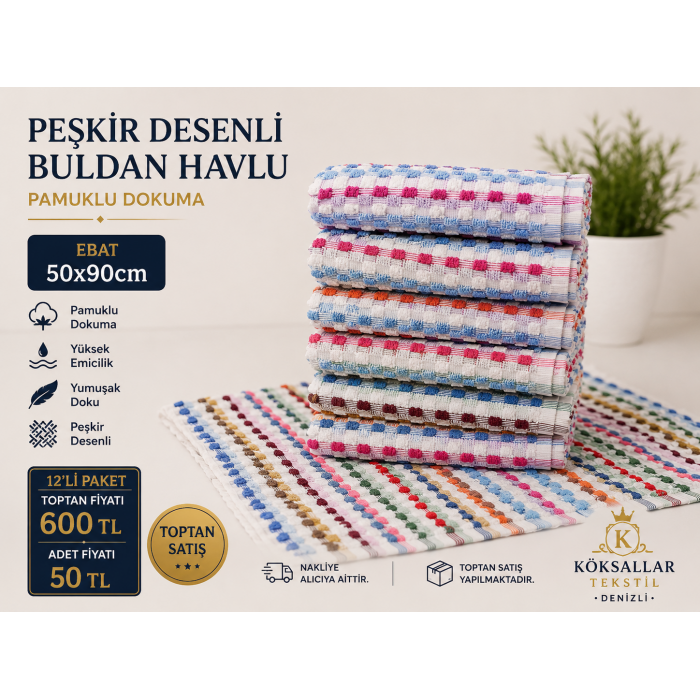 Peşkir Desenli Buldan Havlu 12'li Paket 50x90
