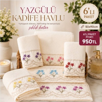 Yazgülü Kadife Havlu 6'lı Paket 50x90 cm