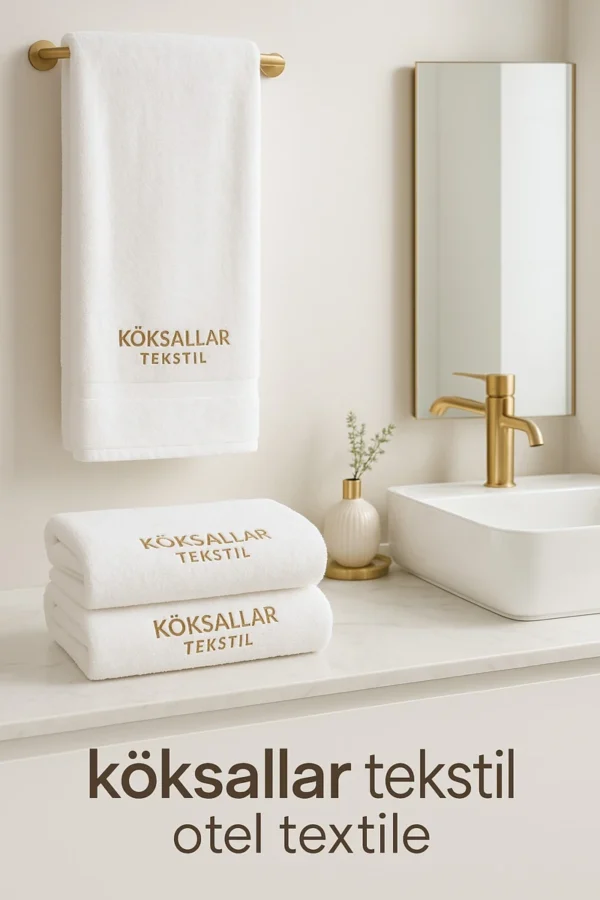 Köksallar Tekstil otel banyo havlusu – beyaz 70x140 cm, %100 pamuk, otel tekstil ürünü, altın detaylı dekoratif banyoda